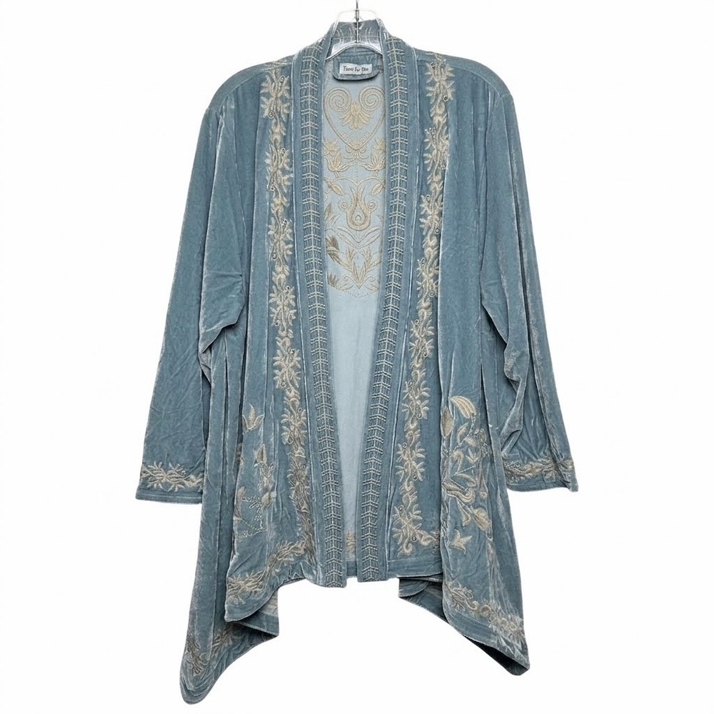 New Time for Me Velvet Embroidered Kimono Cardigan Women 2X Light Blue